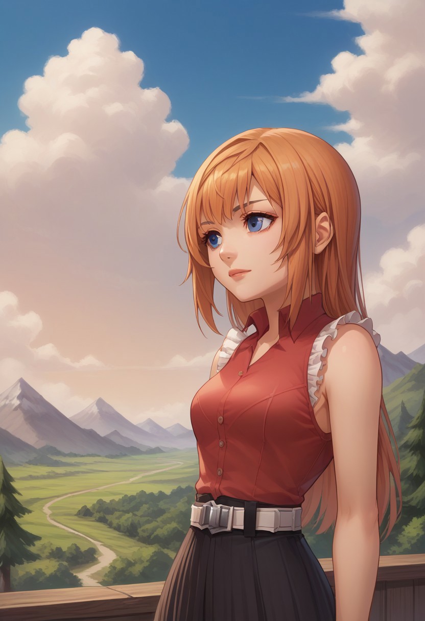 score_9, score_8_up, score_7_up, source_anime, highly detailed, 
reynn, 1girl, solo, long hair, sleeveless, blue eyes, upper body, frills, orange hair, standing, shirt, red shirt, belt, 
outdoor, sky, mountains, trees, clouds