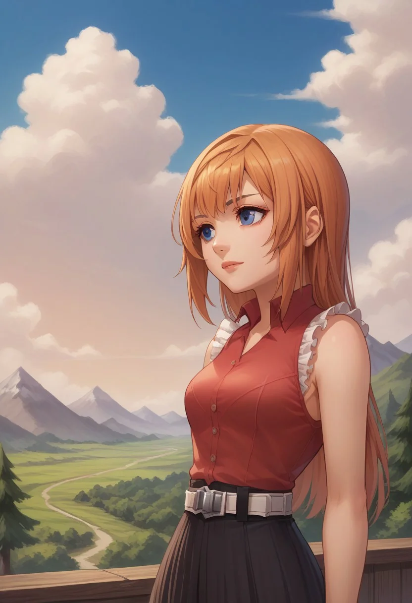 score_9, score_8_up, score_7_up, source_anime, highly detailed,
reynn, 1girl, solo, long hair, sleeveless, blue eyes, upper body, frills, orange hair, standing, shirt, red shirt, belt,
outdoor, sky, mountains, trees, clouds