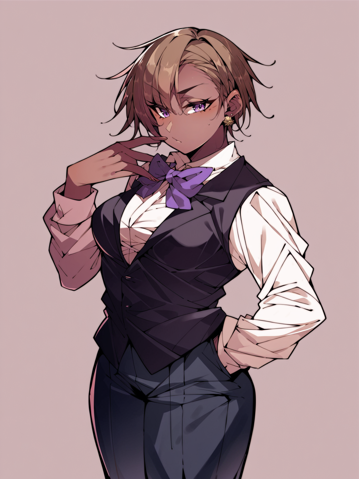 score_9, score_8_up, score_7_up, score_6_up, score_5_up, score_4_up, source_anime,  hazel hair, very short hair, asymmetrical bangs, purple eyes, dark skin, dark-skinned female, tuxedo, bowtie, medium breasts ,  <lora:Korotsukepony_v2:1>