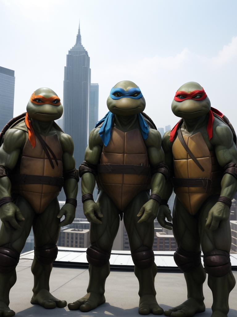 TMNTGroup, a group of teenage mutant ninja turtles, standing on a city rooftop during the day, skyscrapers and rooftops and day sky in the background, <lora:TMNT_Turtles_AIO_SDXL-000009:1>