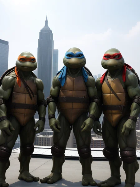 TMNTGroup, a group of teenage mutant ninja turtles, standing on a city rooftop during the day, skyscrapers and rooftops and day sky in the background, <lora:TMNT_Turtles_AIO_SDXL-000009:1>
