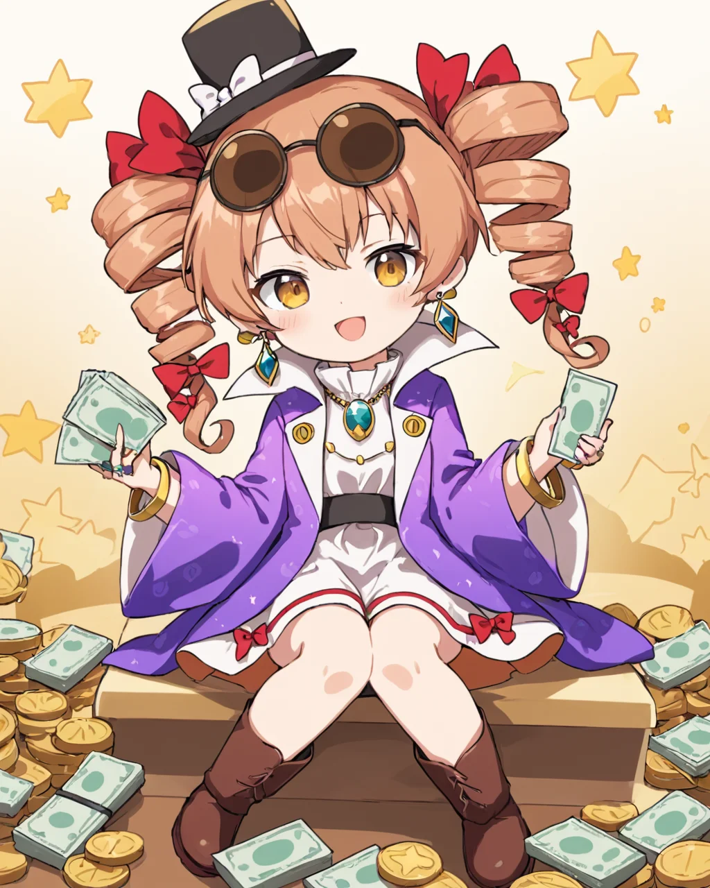 yorigami jo'on, 1girl, one_eye_closed, twin_drills, eyewear_on_head, sunglasses, top_hat, hat_bow, earrings, open_mouth, ring, white_dress, solo, chibi, crossed_legs, smile, purple_coat, fang, boots, necklace, ;d, holding_money, white_bow, ribbon, red_bow, brown_footwear, long_sleeves, round_eyewear, handbag, black_headwear, full_body, hair_bow, high_collar, wide_sleeves, twintails, bangle, looking_at_viewer, purple_jacket, sitting
<lora:yorigami_jo'on_image1462_2023-12-20-000014:1>,star-shaped_pupils,symbol-shaped_pupils,. gorgeous,key visual, vibrant, studio anime,award-winning, professional, highly detailed,high budget, cinemascope