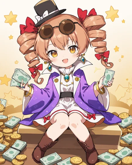 yorigami jo'on, 1girl, one_eye_closed, twin_drills, eyewear_on_head, sunglasses, top_hat, hat_bow, earrings, open_mouth, ring, white_dress, solo, chibi, crossed_legs, smile, purple_coat, fang, boots, necklace, ;d, holding_money, white_bow, ribbon, red_bow, brown_footwear, long_sleeves, round_eyewear, handbag, black_headwear, full_body, hair_bow, high_collar, wide_sleeves, twintails, bangle, looking_at_viewer, purple_jacket, sitting
<lora:yorigami_jo'on_image1462_2023-12-20-000014:1>,star-shaped_pupils,symbol-shaped_pupils,. gorgeous,key visual, vibrant, studio anime,award-winning, professional, highly detailed,high budget, cinemascope
