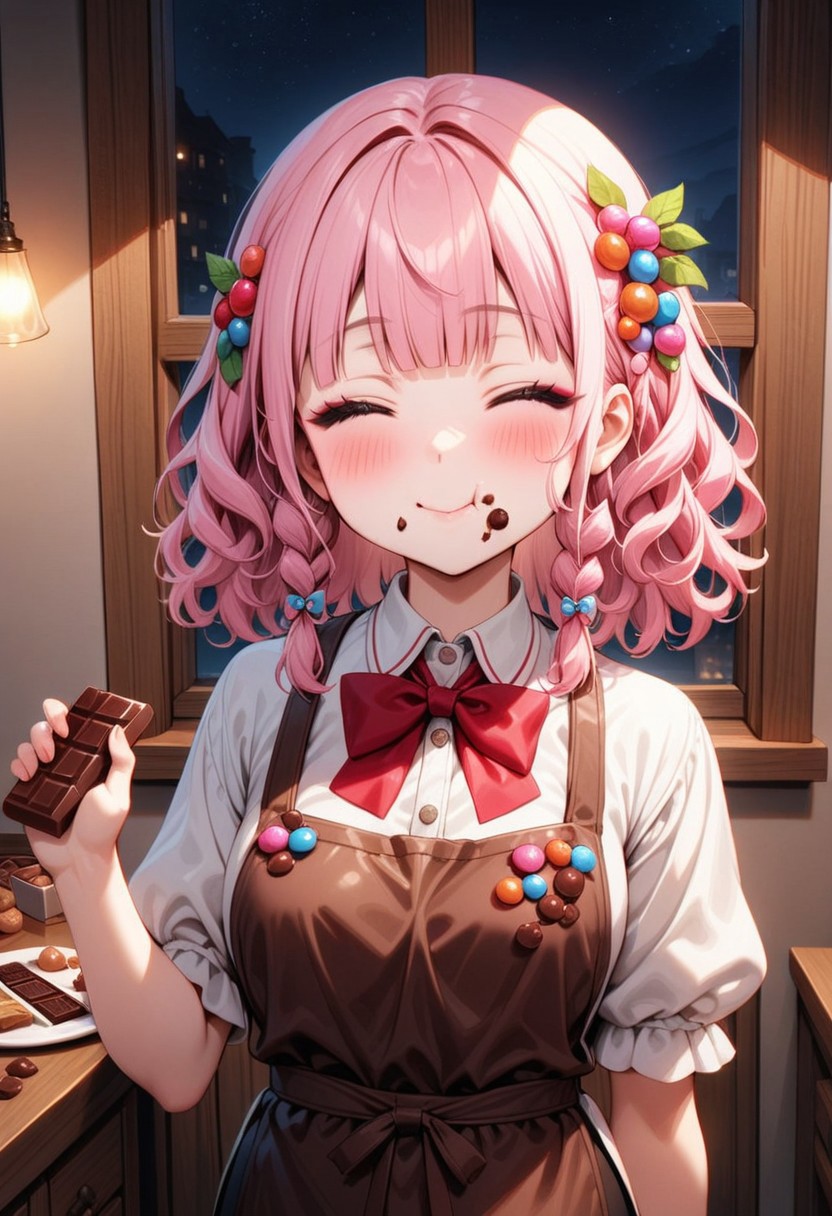 ((masterpiece), (best quality), (ultra-detailed), 
illustration, 2DMM, 
1girl, solo, pink hair, blunt bangs, curly hair, red bowtie , indoor, puffy sleeves,
white shirt, black pants, brown apron, 
  closed eyes, black eyeshadow,
Indoor,  more Candy's,
glossy, delicate frame, angelic appearance, 
hair ornament,chiaroscuro shading, perfect body, dim natural light, night, window, soft smile, blushing,  smile,  portrait, face focus , traces of chocolate near the mouth, two holding a chocolate bar, puffy cheeks , eats a chocolate bar,
 absurdres, cowboy shot,
   sharped eyes, sharp focus, angelic appearance,  side braids, night, darkness)