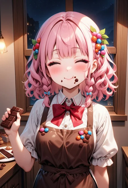 ((masterpiece), (best quality), (ultra-detailed),
illustration, 2DMM,
1girl, solo, pink hair, blunt bangs, curly hair, red bowtie , indoor, puffy sleeves,
white shirt, black pants, brown apron,
closed eyes, black eyeshadow,
Indoor, more Candy's,
glossy, delicate frame, angelic appearance,
hair ornament,chiaroscuro shading, perfect body, dim natural light, night, window, soft smile, blushing, smile, portrait, face focus , traces of chocolate near the mouth, two holding a chocolate bar, puffy cheeks , eats a chocolate bar,
absurdres, cowboy shot,
sharped eyes, sharp focus, angelic appearance, side braids, night, darkness)