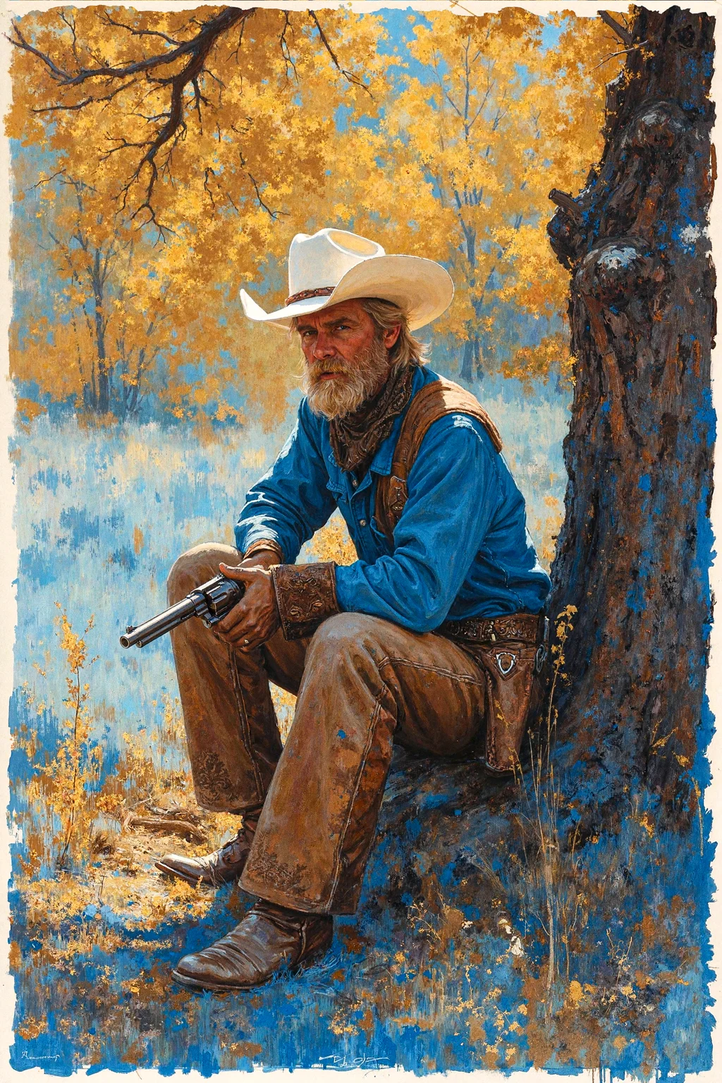A white cowboy with a blue hat and beard sitting under a tree,aiming a pistol at the viewer,in the style of pointillism,blue ink on paper,risograph print,<lora:flux-oilpainting1.3:0.5>,