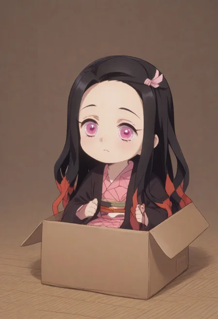 Kamado_Nezuko,chibi, pink_eyes, black_hair, long_hair, gradient_hair, flat_chest, hair_ribbon, pink_kimono, chekered_sash, wide_sleeves, haori, =w=, :3, = =, b0xe,in box,chibi,cardboard box,