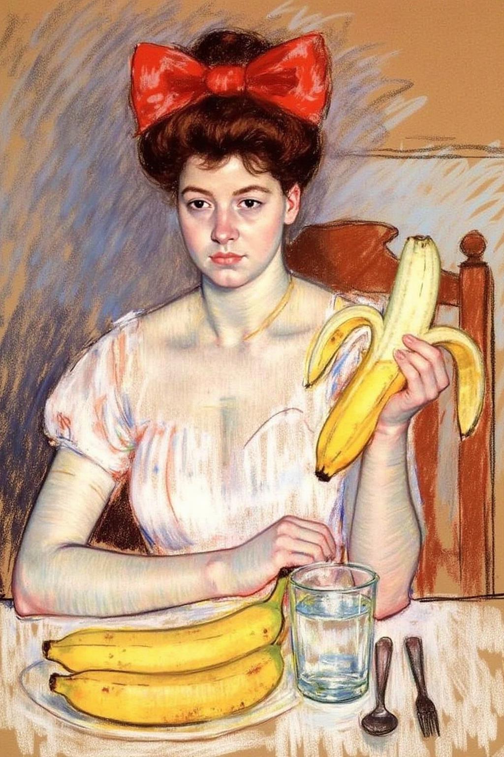 marycassatt2 drawing.
A woman with a serious expression sits at a table. She has voluminous curly hair adorned with a large red bow. She is holding a peeled banana in her hand. There are two bananas, a glass of water, and eating utensils lying on the table.  <lora:marycassatt2_cap_d6a3:1.0><lora:840616028863187877:0>
