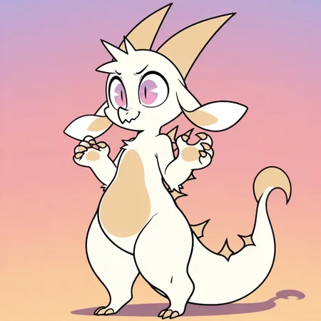 masterpiece, best quality, amazing quality, fw3nchfwy, furry, anthro, solo, dragon, white fur, two-tone fur, horns, short hair, purple eyes, slit pupils, floppy ears, claws, spikes on back, tail, standing, smile, gradient background