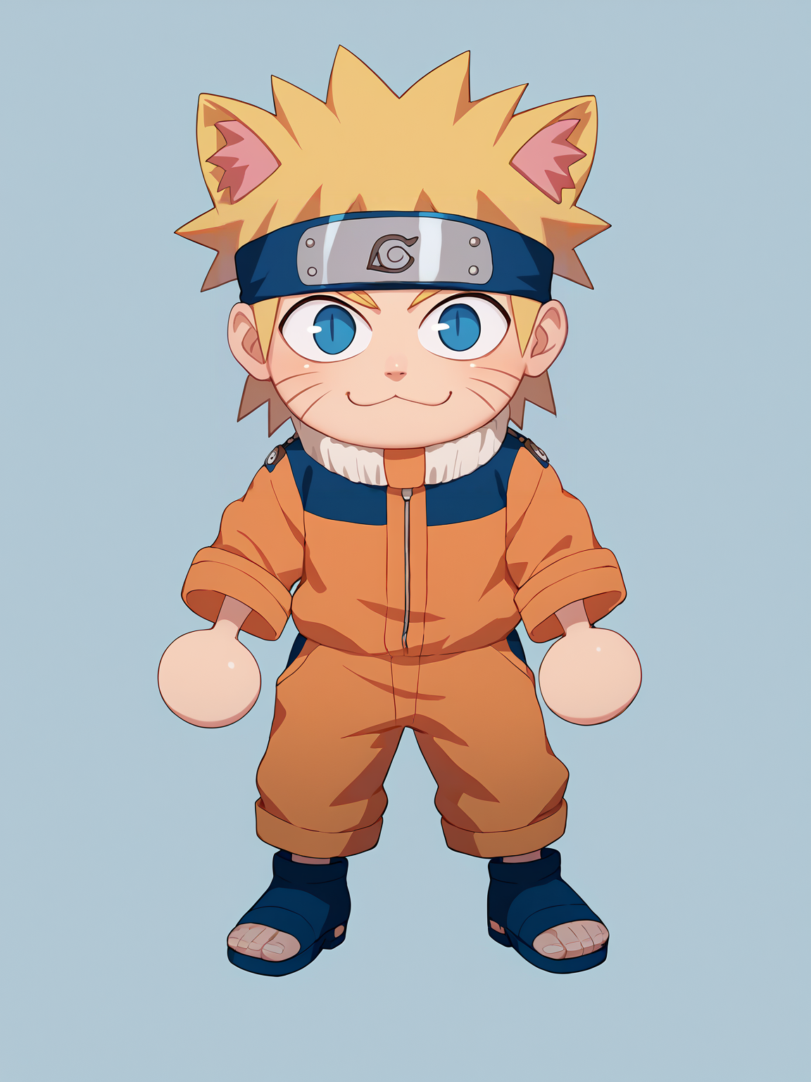 score_9, score_8_up, score_7_up, BREAK,
1boy, necoarc, cat ears, shalltear,
uzumaki naruto, blonde hair, spiked hair, blue eyes, whisker markings, facial mark, forehead protector, orange jumpsuit, toeless footwear,
chibi, slit pupils, solo, full body, white background <lora:necoarc-guy-PONY-v1:1.2>     <lora:NarutoGeninXL:1>