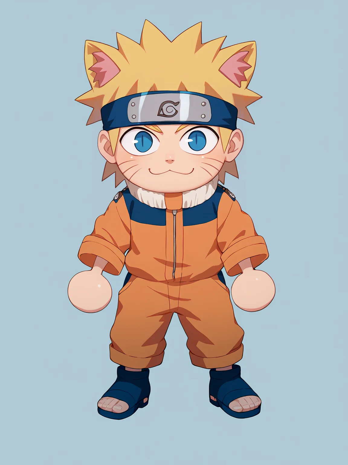 score_9, score_8_up, score_7_up, BREAK,
1boy, necoarc, cat ears, shalltear,
uzumaki naruto, blonde hair, spiked hair, blue eyes, whisker markings, facial mark, forehead protector, orange jumpsuit, toeless footwear,
chibi, slit pupils, solo, full body, white background <lora:necoarc-guy-PONY-v1:1.2> <lora:NarutoGeninXL:1>