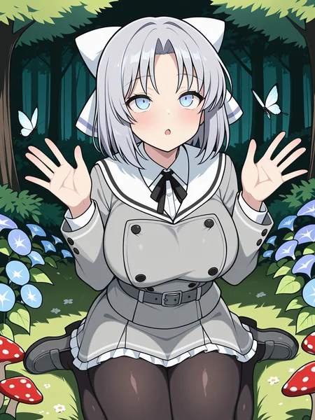 masterpiece, best quality, amazing quality, artist:[limberbreak], by limberbreak, thick outlines, bold outlines, heavy line art, graphic black lines, strong contours, black outlines
(solo:1.4), Yumi_IL, blue eyes, short grey hair, yumi's bang, white hair bow, large breasts, Yumi_Gessen, school uniform, white sailor collar, black neck ribbon, grey jacket, black buttons, grey skirt, skirt frills, grey belt, black pantyhose, grey loafers,
forest, mushrooms, flower field, butterflies, morning glory, dappled light, tree shade, hand raised, masterpiece, best quality, amazing quality, looking up, fly agaric
<lora:SK_Yumi_IL:0.8>