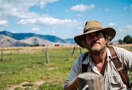 cinematic film still <lora:Kodak Motion Picture Film style v1:1> Film grain still image of a view of a mountain range with a rugged old cowboy with an overgrown handlebar moustache, wearing a filthy dirty cowboy hat. The man is filthy and sweaty from having spent days out on the range. He's exhausted and soaked with sweat and mud and covered in dirt. His eyes are narrowed by the sun and he's irritated by life in general. The cowboy is photographed leaning against an old wooden fence. In the background are majestic snow-capped mountains. The image reminds us that rugged men and rugged lands still exist in our world today. outdoors,sky,day,cloud,blue sky, grass,nature,scenery,mountain,field,landscape,mountainous horizon , cinematic look, film look, filmic, contrast, detailed, high quality, sharp image, film color, Kodak Motion Picture Film style, different color, different people, different look, different style, 35MM Film, 16MM Film, Photographic film, music video style, artistic style, cinematic style, film granularity, film noise, image noise, artistic effect, Fujicolor, Fuji film, Analog photography, movie style, movie still, Film grain overlay, Film Grain style . shallow depth of field, vignette, highly detailed, high budget, bokeh, cinemascope, moody, epic, gorgeous, film grain, grainy, aidmahyperrealism,cineboke, Analog photography, Kodak Motion Picture Film style, montana rangeland, aidmaHyperrealism, cineboke