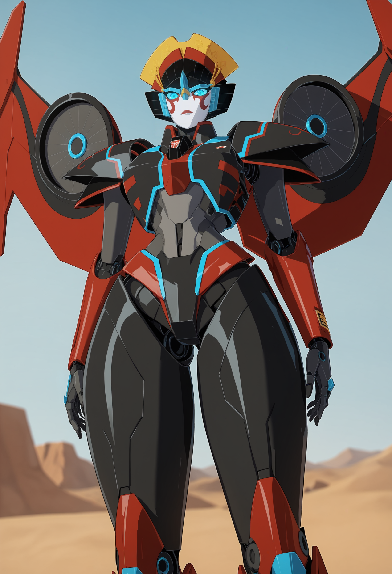 score_9, score_8_up, score_7_up, score_6_up, score_5_up, score_4_up, 1girl,  <lora:Windblade:0.75>  solo, robot, mecha, mechanical wings, blue eyes, glowing eyes, thick thighs, looking at viewer, view from below, 
desert background, blurry background,