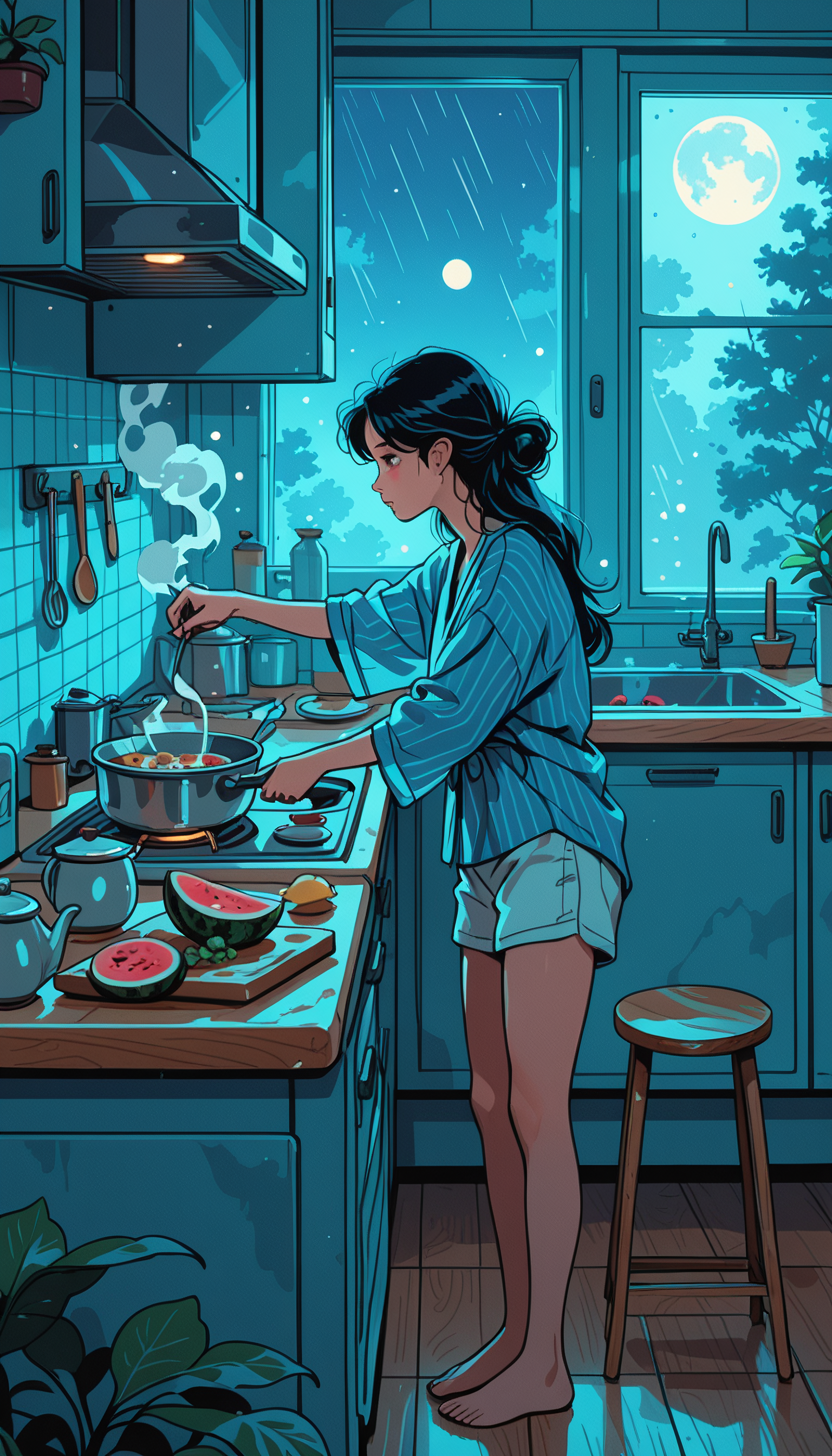 masterpiece, Shinkaistyle,
pinkretroanime, retro art,
Cyberpunk Style, cyberpunk, science fiction, hi tech, future tech, neon, (Cybernetics:1.25), (Neon Cityscape:1), (lineless:1.5), smooth edges, tall body, slender body, fit body, long legs, The image portrays a serene domestic scene featuring a young woman in the midst of meal preparation. She stands at a kitchen island, clad in a casual blue robe and her hair neatly tied back. Her right hand holds a wooden spoon, stirring a pot with visible steam rising from it. The kitchen is well-lit, with natural light streaming in from an unseen window, casting gentle shadows around the room. The woman's focus is on cooking, suggesting she's deeply immersed in her task. The kitchen itself has a warm, inviting atmosphere, with various items of kitchenware visible: a chopping board resting on the counter, a potted plant adding a touch of greenery to the scene, and a few scattered fruits like bananas and apples hint at a healthy meal being prepared. The background consists of a homely, comfortable kitchen environment, with wooden cabinets lining the walls and a window adorned with curtains allowing in soft, diffused light. The image has a calm and soothing ambiance, suggesting a moment of quiet domesticity captured in time., 1girl, solo, long hair, blush, bangs, shirt, black hair, long sleeves, holding, closed mouth, underwear, standing, full body, white shirt, ponytail, short sleeves, food, japanese clothes, sky, shorts, barefoot, striped, indoors, wide sleeves, kimono, water, hair bun, mole, black eyes, apron, feet, from side, tree, cup, sketch, wet, short shorts, mole under eye, bare legs, window, profile, toes, night, fruit, shadow, leaf, chair, looking away, looking down, moon, table, single hair bun, bottle, blue shirt, knife, plant, towel, no pants, steam, night sky, full moon, plate, sleeves rolled up, drinking glass, smoke, reflection, rain, blue shorts, bowl, blue theme, pajamas, white shorts, wooden floor, mug, spoon, apple, basket, tiles, holding knife, potted plant, wet hair, slippers, tile floor, bread, watermelon, stool, cooking, shelf, grapes, ladle, tile wall, kitchen, sleeves pushed up, pouring, banana, floor, lemon, tomato, vegetable, frying pan, moonlight, sink, spatula, counter, ceiling light, refrigerator, faucet, cabinet, cucumber, striped shorts, kettle, stove, soup, potato, kitchen knife, cutting board, weighing scale, onion, salad, bathrobe