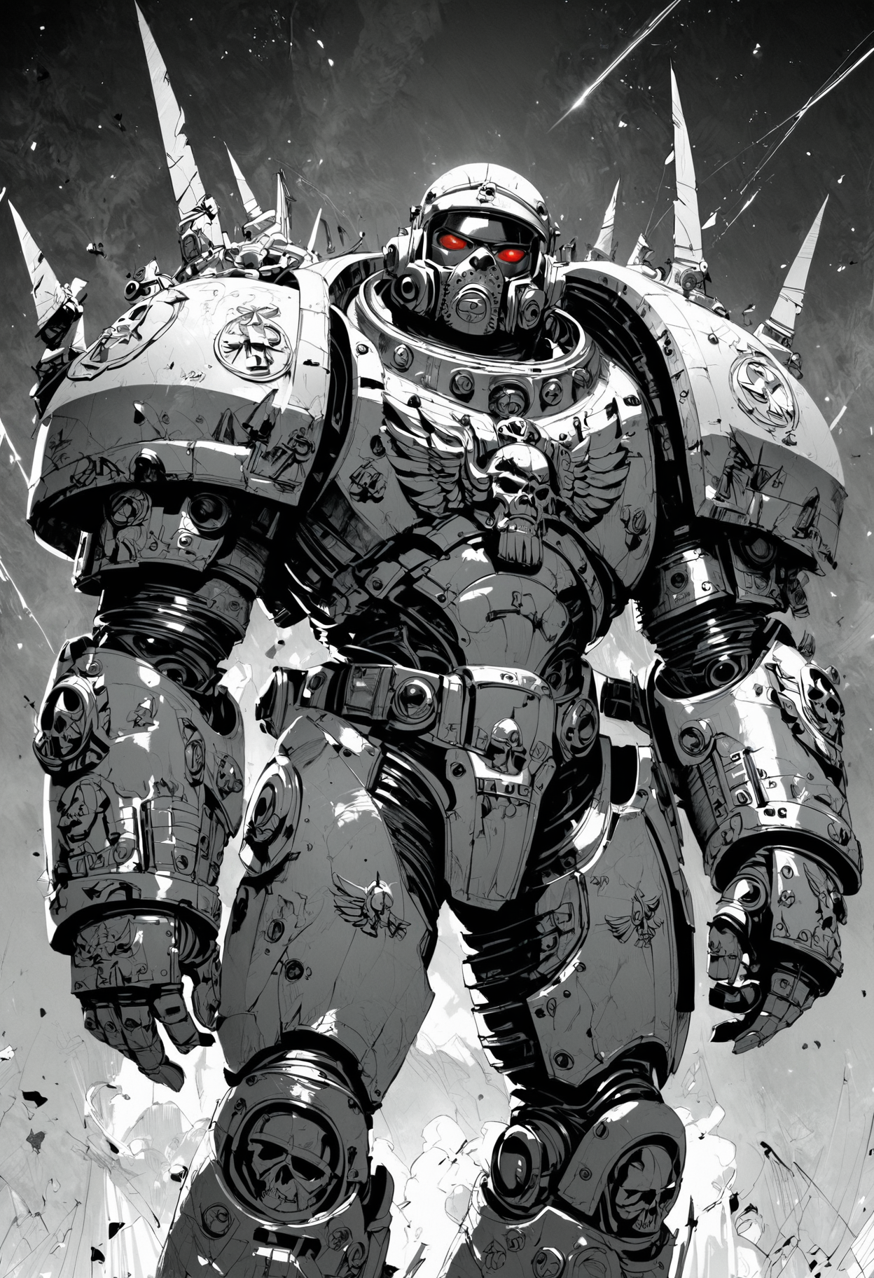 (score_9, score_8_up), score_7_up,  zPDXL, <lora:MythM4ngaStyle:0.8>, space marine, power armor, giant, warhammer 40k, black and red theme, monochrome, greyscale