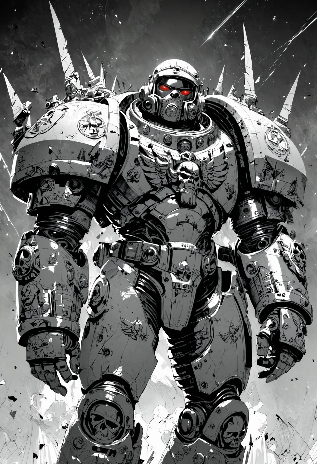 (score_9, score_8_up), score_7_up, zPDXL, <lora:MythM4ngaStyle:0.8>, space marine, power armor, giant, warhammer 40k, black and red theme, monochrome, greyscale