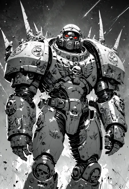 (score_9, score_8_up), score_7_up, zPDXL, <lora:MythM4ngaStyle:0.8>, space marine, power armor, giant, warhammer 40k, black and red theme, monochrome, greyscale