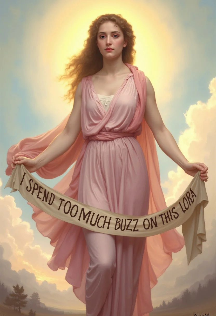 Wil_Ad. A classical painting of the goddess Venus. She is depicted in sheer, pink, flowing, semi-transparent clothing that drapes elegantly over her form, highlighting her divine beauty. Venus is holding a delicate cloth banner in both hands, its edges flowing softly in the wind. The banner is inscribed with the words "I SPEND TOO MUCH BUZZ ON THIS LORA"  in a bold, elegant script. The background features a serene, celestial landscape with soft pastel skies, golden light, and hints of clouds. The overall atmosphere is radiant, ethereal, and timeless.