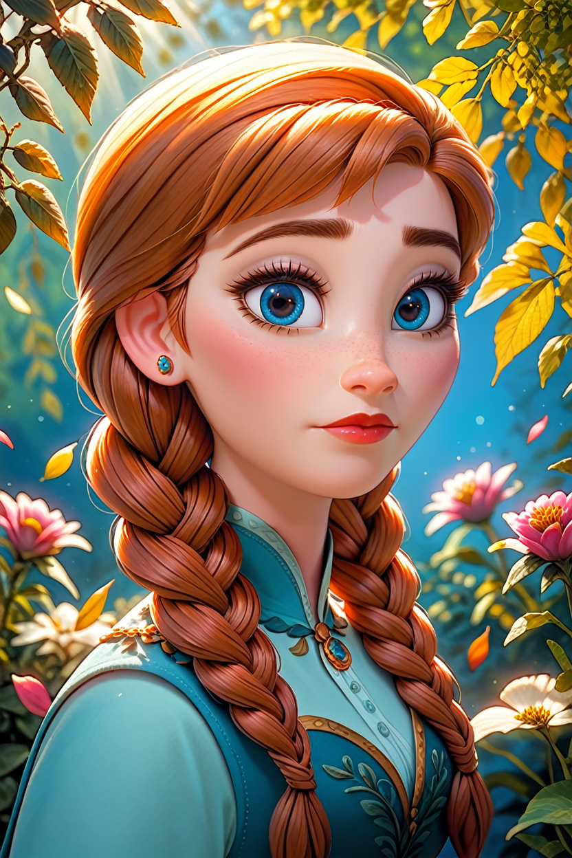 score_9, score_8_up, score_7_up,
<lora:DisneyAnna:0.8>
DisneyAnna, 1girl, orange hair, blue eyes, twin braids, looking at viewer, standing in a sunlit garden, surrounded by blooming flowers, soft focus background with bokeh, gentle breeze rustling through leaves, romantic and dreamy ambiance