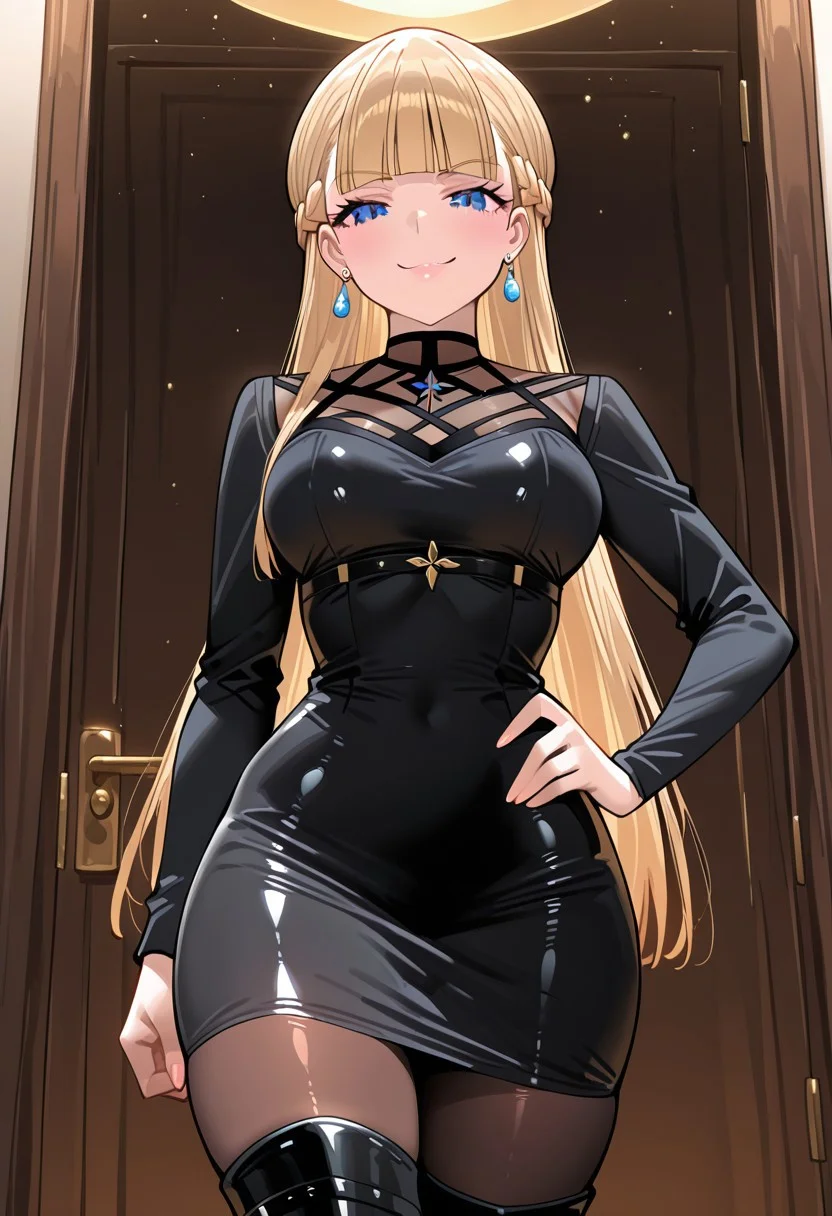 masterpiece,best quality,highres, absurdres,
helena_(kichiku_eiyuu), breasts, long hair, bangs, braid, 1girl, solo, blunt bangs, blonde hair, blue eyes, helena_default, earrings, jewelry, dress, hand on hip, smile, smirk, pantyhose, long sleeves, boots, black dress, shiny skin, shiny clothes,