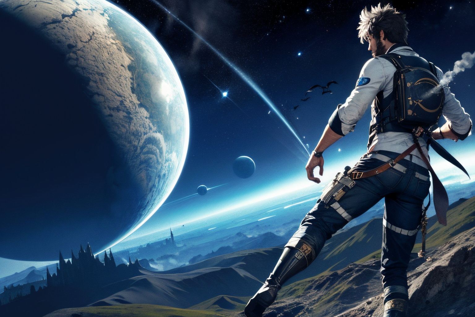 (Realistic:1.5) SyFyEye1, bird, glowing, cloud, shadow, sky, castle, full moon, nature, smoke, nature, male focus, horizon, cloud, pants, earth (planet), constellation, space, thrusters, starry sky, monochrome,  <lora:SyFyEye1_v2.0:0.8>