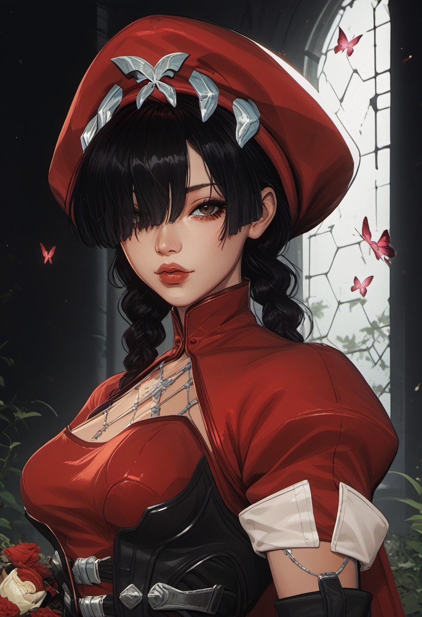 score_9, score_8_up, score_8, perfecteyes, ultra detailed, high resolution, high quality, masterpiece, intricate details, intricate body, intricate landscape, knva, Expressiveh, Asian Instagram Model, upper body shot, low light, dungeon, ruins, green glow, black background, ((zPDXL3)),
BREAK
1girl, (psyl0ck3bk), source_cartoon, mature female, beautiful, 30 years old, beautiful, psyl0ck3bk, hat, gloves, black hair, black gloves, elbow gloves, red headwear, dress, thighhighs, red dress, braid, puffy sleeves, boots, hair over eyes, bangs, twin braids, standing, looking at viewer, butterflies, sakura petals, pale skin, full lips,  looking at viewer,