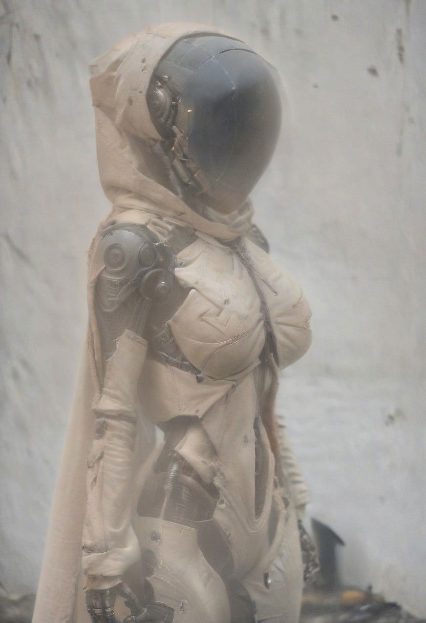 noface robot with hooded NoFace and Large wide linen hood Cape sits quietly wearing bdsm harness bra, huge breasts, marked abs,the scene of a used and dirty detailed sci-fi looking hooded dystopien cyborg draped in a thick dirty white linen cloak. detailed dirty used look, Its face remains concealed, and the cloak over its head is made of coarse, thick, dirty, torn and worn white linen fabric. It exudes a silent presence, as the surroundings are permeated with a blend of solitude and tender moments of affection. cables, wires, very detailed, atmospheric haze, dimmed light