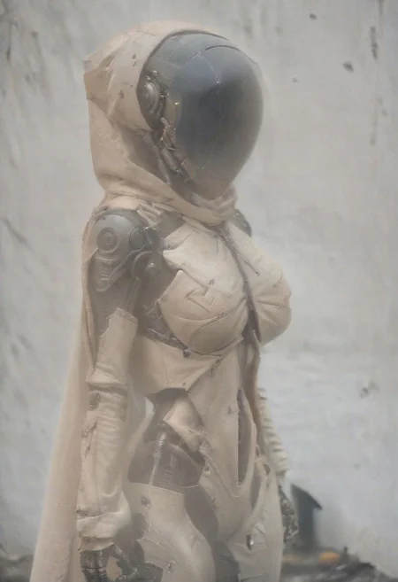 noface robot with hooded NoFace and Large wide linen hood Cape sits quietly wearing bdsm harness bra, huge breasts, marked abs,the scene of a used and dirty detailed sci-fi looking hooded dystopien cyborg draped in a thick dirty white linen cloak. detailed dirty used look, Its face remains concealed, and the cloak over its head is made of coarse, thick, dirty, torn and worn white linen fabric. It exudes a silent presence, as the surroundings are permeated with a blend of solitude and tender moments of affection. cables, wires, very detailed, atmospheric haze, dimmed light