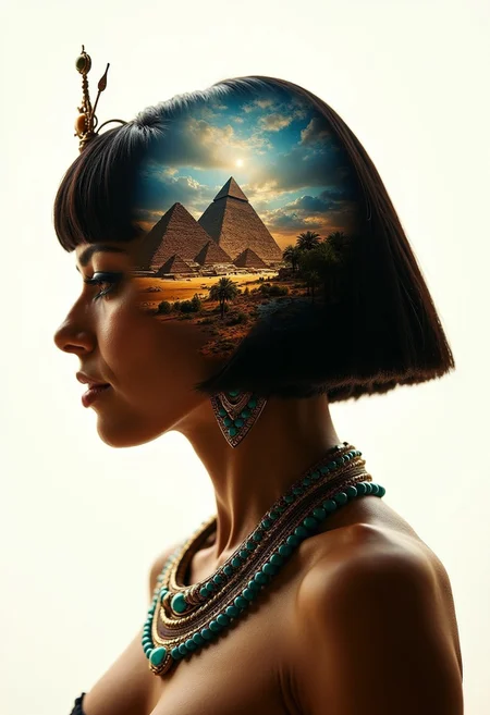 masterpiece, double exposure, silhouette of Cleopatra, straight-cut bob, egyptian jewellery, filled with a pyramid, highest definition, HD32K, wallpaper, crisp lines, double exposure background, hyperdetailed, concept art