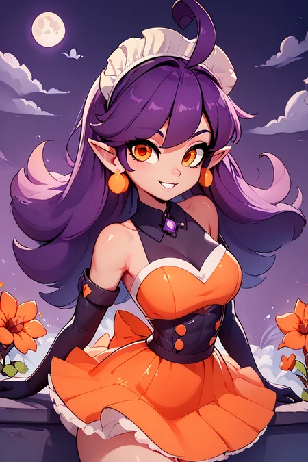 score_9, score_8_up, score_8, big breasts, (curvy), cute, eyelashes, ,,, StardustPumpkinsCitronOC, solo, long purple hair, orange eyes, ahoge, pointy ears, orange dress, elbow gloves, bare shoulders, maid headdress, jewelry, earrings, <lora:StardustPumpkins_CitronOC_PDXL_v1:0.8>, orange flowers, purple theme, ,,, smile, looking at viewer, moon, dark theme, white outline, cowboy shot, ,,, shiny skin, <lora:ProAnime_PDXL_v1:0.8>, night garden, flowers, soft shadows, moonlight reflecting off skin, whisper of wind, ,,, embedding:zPDXL, Expressiveh, <lora:SDXLFaeTastic2400:0.5>, <lora:Expressive_H-000001:0.4>,