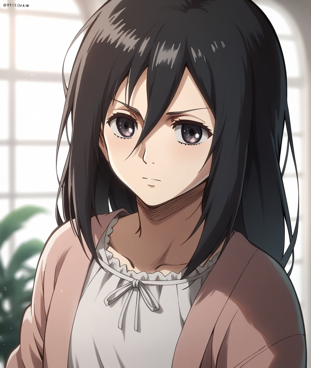 score_9, score_8_up, score_7_up, score_6_up, score_5_up, score_4_up, BREAK source_anime,
<lora:Mikasa Ackerman(child)_PONY:1>,mikasa ackerman\(child\), 1girl, solo, black hair, black eyes, long hair, hair between eyes,pink jacket,white dress,Upper body,