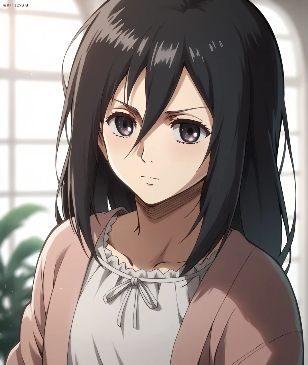 score_9, score_8_up, score_7_up, score_6_up, score_5_up, score_4_up, BREAK source_anime,
<lora:Mikasa Ackerman(child)_PONY:1>,mikasa ackerman\(child\), 1girl, solo, black hair, black eyes, long hair, hair between eyes,pink jacket,white dress,Upper body,