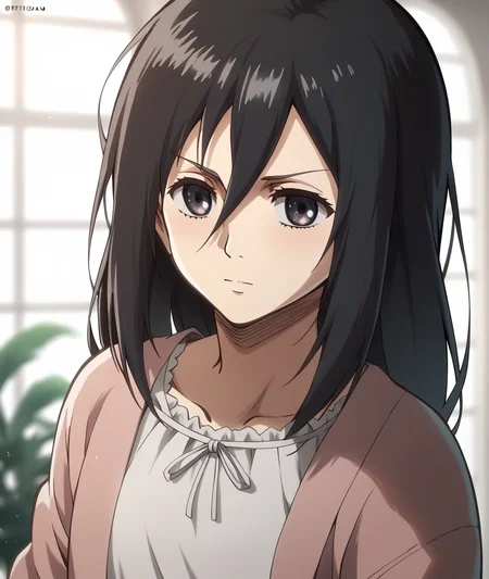 score_9, score_8_up, score_7_up, score_6_up, score_5_up, score_4_up, BREAK source_anime,
<lora:Mikasa Ackerman(child)_PONY:1>,mikasa ackerman\(child\), 1girl, solo, black hair, black eyes, long hair, hair between eyes,pink jacket,white dress,Upper body,