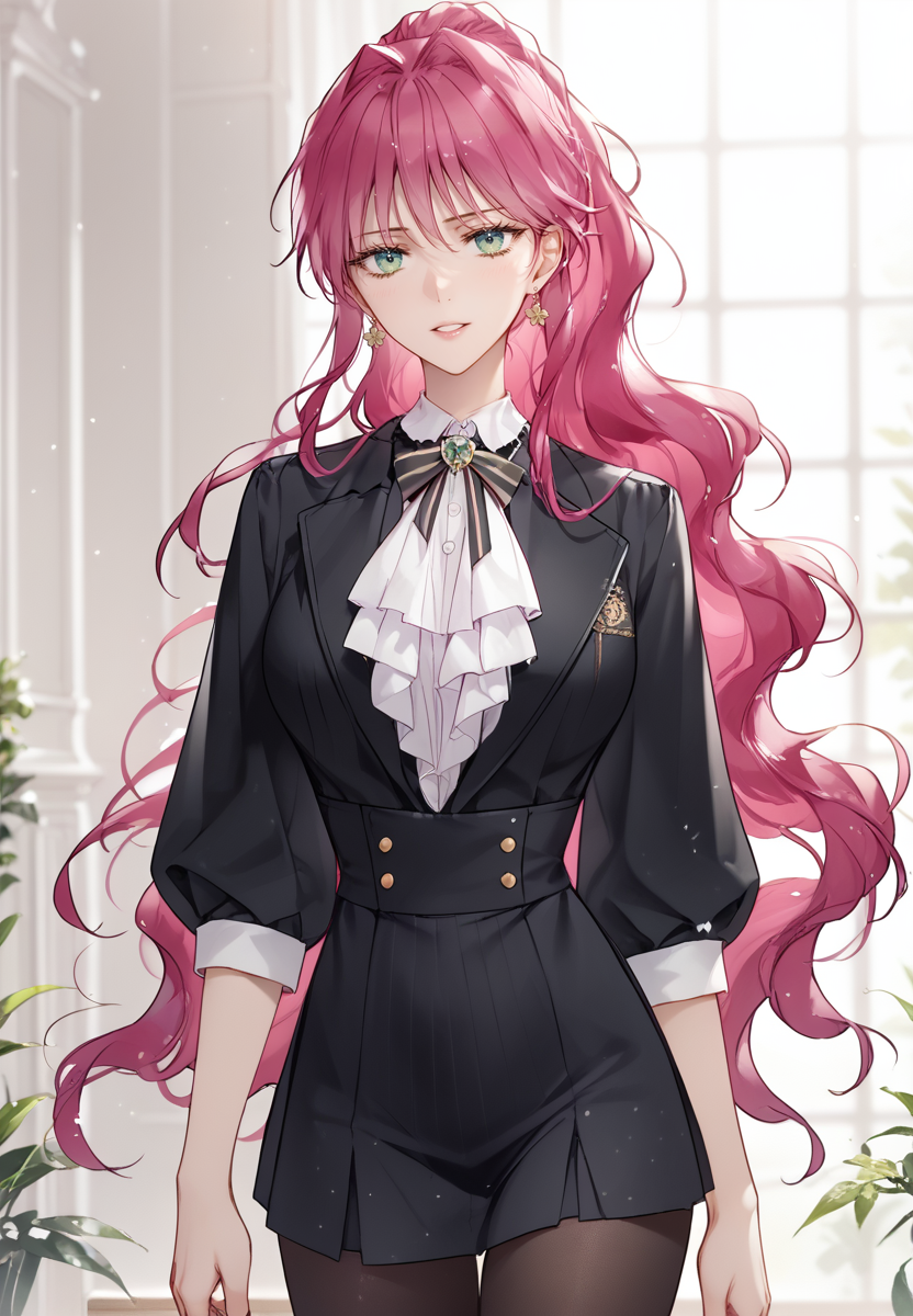 zPDXL3, score_9_up, score_8_up, score_7_up, (Anime_source),Masterpiece,(perfect female body:1.2), small waist,(incredibly detailed:1.4), slim, beautiful fingers, beautiful white skin, Beautiful clear skin, looking at viewer, (large breasts:1.3)  <lora:Penelope_Eckhart_-_Death_Is_the_Only_Ending_for_the_Villainess-Kaleid-PONY:0.8> penelopeeckhart, 1girl,  pink hair, green eyes, ponytail, short, pantyhose,