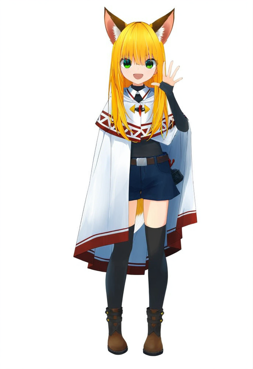 <lora:Katen:1>, KTNSTYLE, 1girl, :d, animal ears, bangs, belt, belt buckle, black legwear, blonde hair, boots, brown footwear, buckle, cape, eyebrows visible through hair, fox ears, full body, gloves, green eyes, long hair, looking at viewer, open mouth, shirt, shorts, simple background, smile, solo, standing, thighhighs, white background, white cape