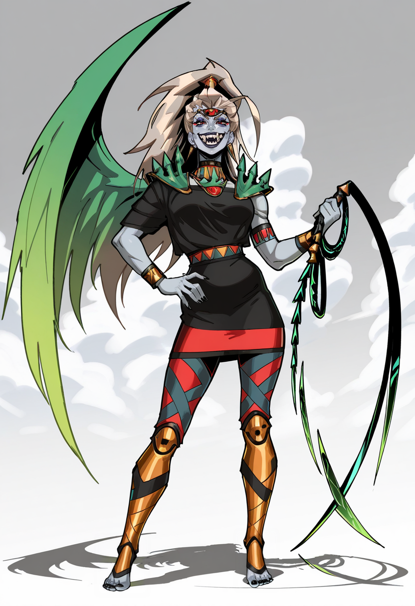 masterpiece, best quality, good quality, very awa, very aesthetic, absurdres, full body, barefeet, black toenail polish, toes, Alecto, 1girl, grey skin, blue skin, bracelet, red eyes, colored skin, full body, gradient, sky and cloud structure background, grey skin, jewelry, joints, long hair, looking at viewer, makeup, necklace, skirt, evil smile, white teeth, fangs, solo, standing, single green wing, 1 hand on own hip, sassy attitude, holding  whip sword,  
 <lora:Alecto-IL:1>,