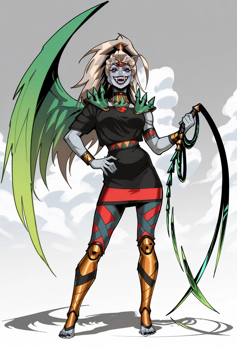 masterpiece, best quality, good quality, very awa, very aesthetic, absurdres, full body, barefeet, black toenail polish, toes, Alecto, 1girl, grey skin, blue skin, bracelet, red eyes, colored skin, full body, gradient, sky and cloud structure background, grey skin, jewelry, joints, long hair, looking at viewer, makeup, necklace, skirt, evil smile, white teeth, fangs, solo, standing, single green wing, 1 hand on own hip, sassy attitude, holding whip sword,
<lora:Alecto-IL:1>,