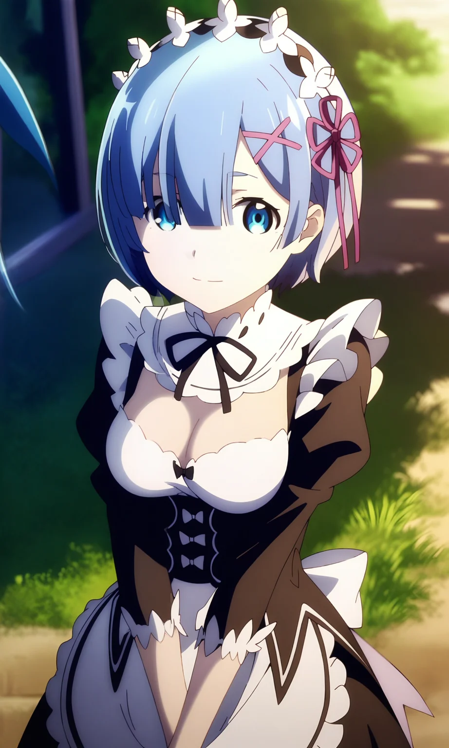 (masterpiece), (best quality), newest, (intricate details, very aesthetic), good hands, <lora:Anime_Screencap_Enhancement-v1:1> fine_ascxl, anime screencap, 1girl, rem \(re:zero\), re:zero kara hajimeru isekai seikatsu, blue hair, maid, maid headdress, outdoors, garden, looking at viewer, v arms, light smile, looking at viewer, solo focus, day, light rays, breasts<lora:sd_xl_dpo_lora_v1:1>
