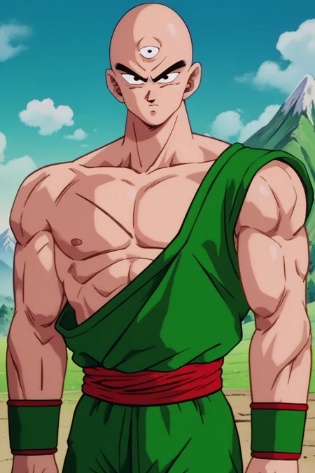 score_9, score_8_up, score_7_up, score_6_up, score_5_up, score_4_up BREAK source_anime,retro artstyle, tien,1boy, solo, male focus, looking at viewer, bald, black eyes, muscular male, cowboy shot, green sleeveless shirt, third eye, red sash, green wristband, standing, scar on chest, serious, single bare shoulder, cloud, blue sky, mountain, <lora:TienPony:1>