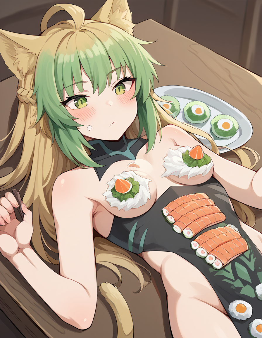 score_9, score_8_up, score_7_up, source_anime, <lora:fgo-atalanta-ponyxl-lora-nochekaiser:1>, atalanta, animal ears, blonde hair, cat ears, cat girl, cat tail, green eyes, green hair, hair between eyes, long hair, multicolored hair, tail,, <lora:nyotaimori-ponyxl-lora-nochekaiser:1>, nyotaimori, sashimi, food on body, sushi, wasabi, soy sauce, cream, whipped cream, food on breasts, food, cream on body, thighs,, indoors, table, on back, on table, blush,, , cowboy shot, dutch angle