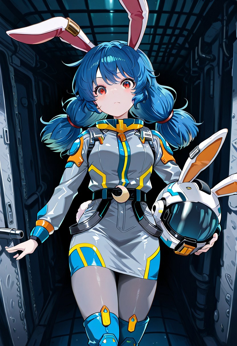 solo, 1girl, seiran, red eyes, blue hair, long hair, low twintails, rabbit ears, rabbit tail, seiran \(thought investigator of the capital\), alternate costume, earclip, crescent, spacesuit, grey suit, long sleeves, belt, grey skirt, pencil skirt, grey pantyhose, blue boots, holding helmet, 
masterpiece,