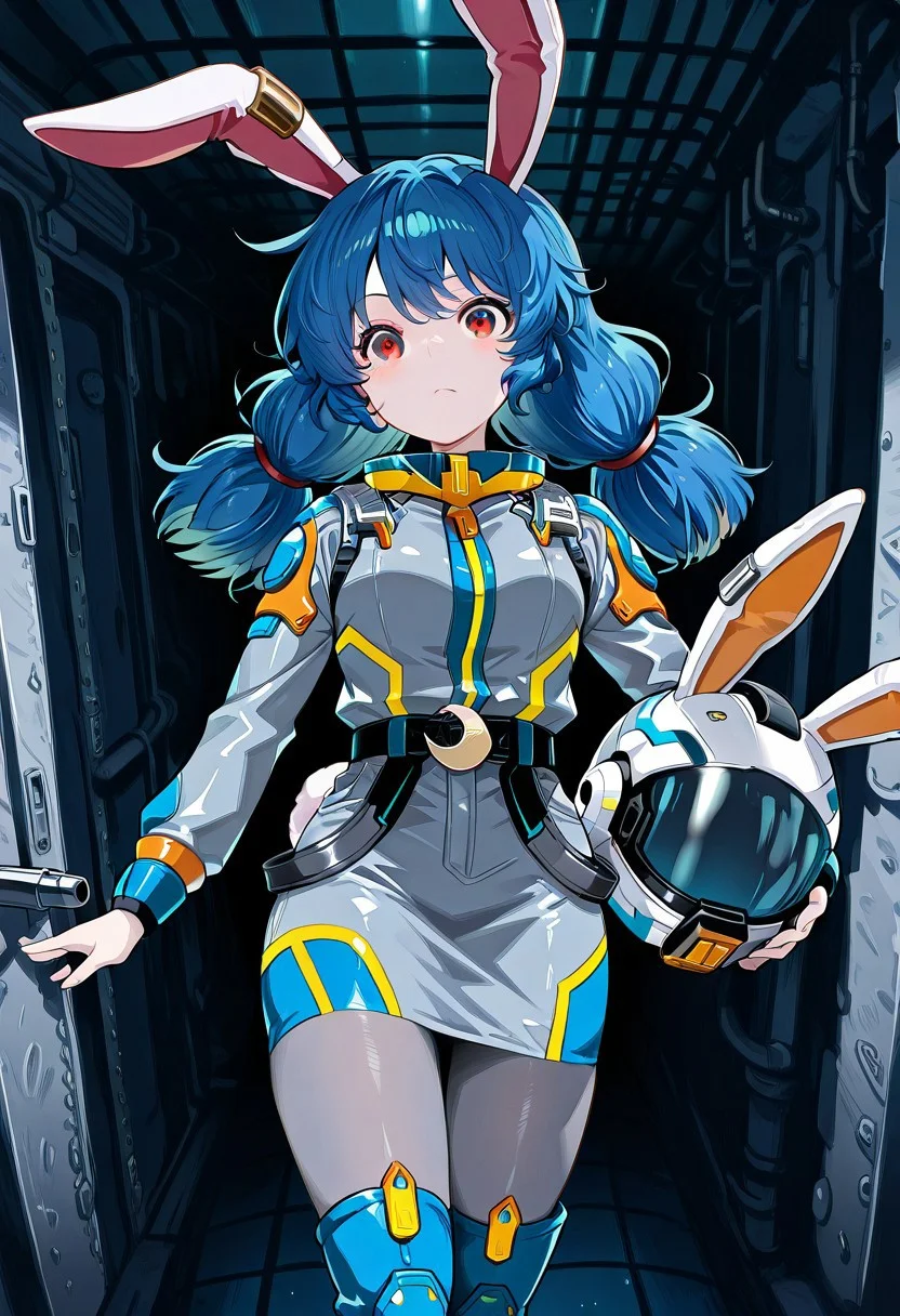 solo, 1girl, seiran, red eyes, blue hair, long hair, low twintails, rabbit ears, rabbit tail, seiran \(thought investigator of the capital\), alternate costume, earclip, crescent, spacesuit, grey suit, long sleeves, belt, grey skirt, pencil skirt, grey pantyhose, blue boots, holding helmet,
masterpiece,