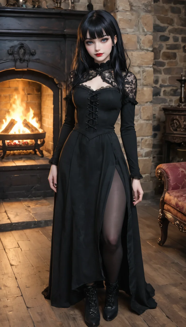 Full Body Shot, girl, gothic, adult, cute, seductive, innocent, light smile:0.3, plump lips, slender body, pale skin, long straight black hair, bangs, black goth dress, medieval theme, fire in the fireplace background, depth of field, dynamic angle, fashion photography, sharp, hyperdetailed:1.15, 4n1v3rs3