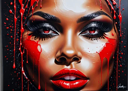 (acrylic painting:1.1), ((Lips with lipstick like liquid shiny red paint)), flowing, dripping, tempting shot, light skin, black background, highly detailed, glamour, (only uses 256 different shades in total), (brush strokes:0.6), high contrast, (paint drips:0.5), stark, (dripping paint0.5), (splatters:0.5), (dramatic:0.4), (photorealistic:0.2),
<lora:MS_AcrylicArt_V1_SDXL:0.8> acrylic_painting, painting, brush strokes, paint drops, paint splatter