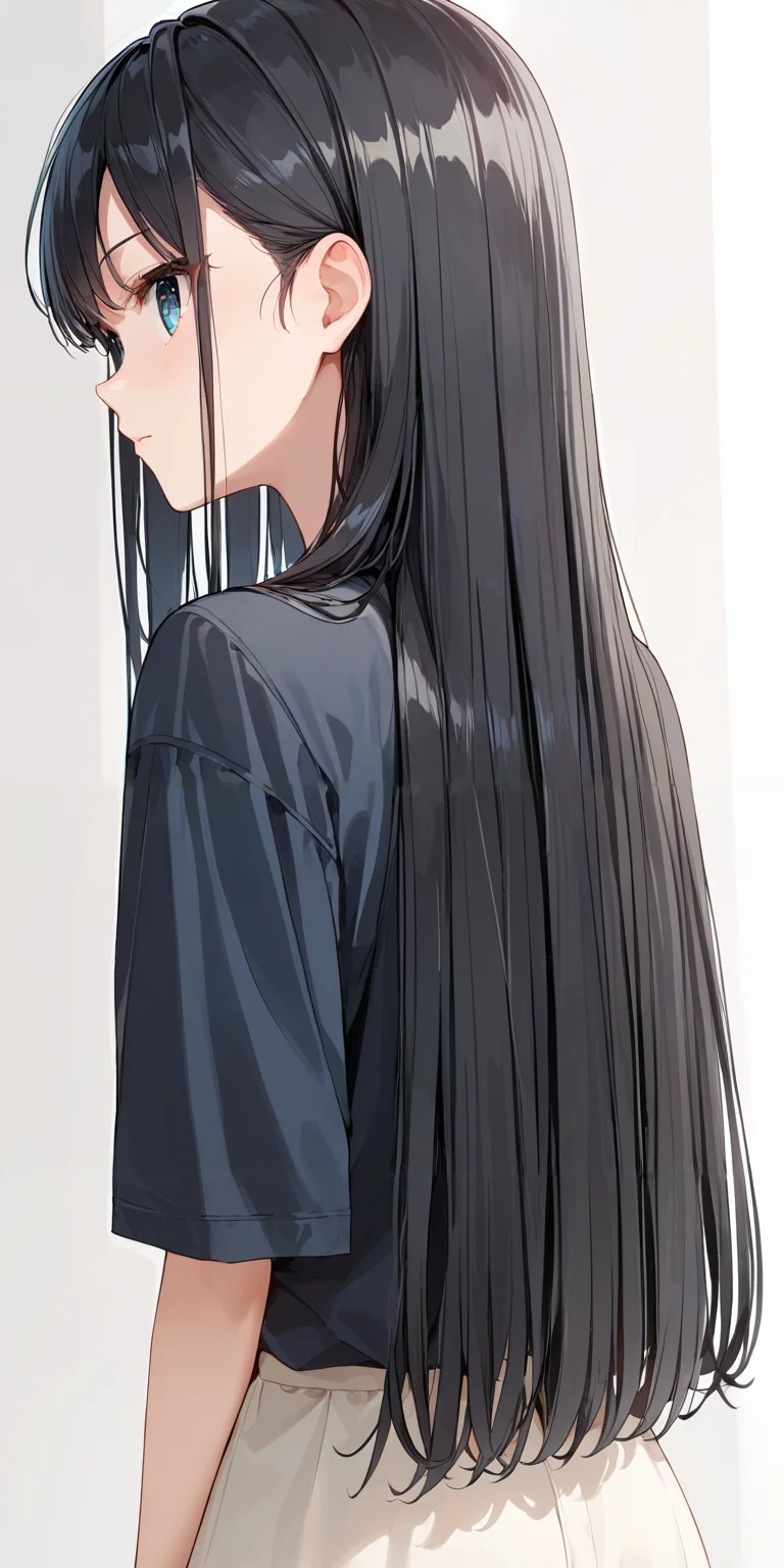 score_9, score_8_up, score_7_up,source_anime, high res image,masterpiece,best quality,girl,cute face,clear skin,shiny hair,ultra detailed eyes,simple background, <lora:straight hair_pony_V1.0:1> straight hair, long hair, black hair,from behind