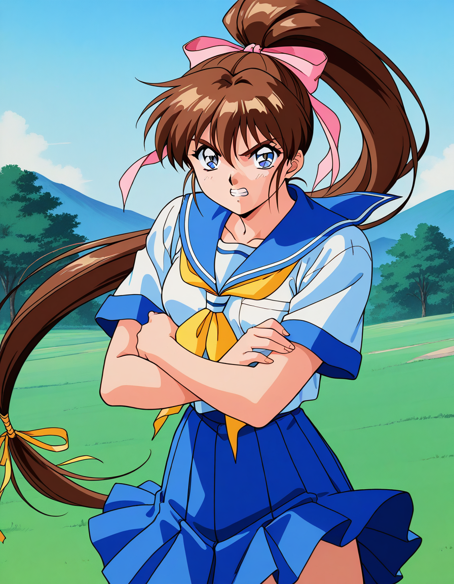 general,highres, ultra-detailed,very aesthetic,best quality ,best hands,  BREAK <lora:Amatsu_Ai_IS:1>Amatsu_Ai, 1girl, solo, brown hair, ponytail, very long hair, ribbon, hair ribbon, hair bow, pink bow, breasts, blue eyes, bangs, purple eyes, high ponytail, 1990s \(style\),anime coloring, BREAK, serious,  standing, cross arms, looking at viewer, ãclenched teeth, teeth, angry,
school uniform, Yellow ribbon,  serafuku,  skirt,  blue sailor collar,
grass, sky, day,