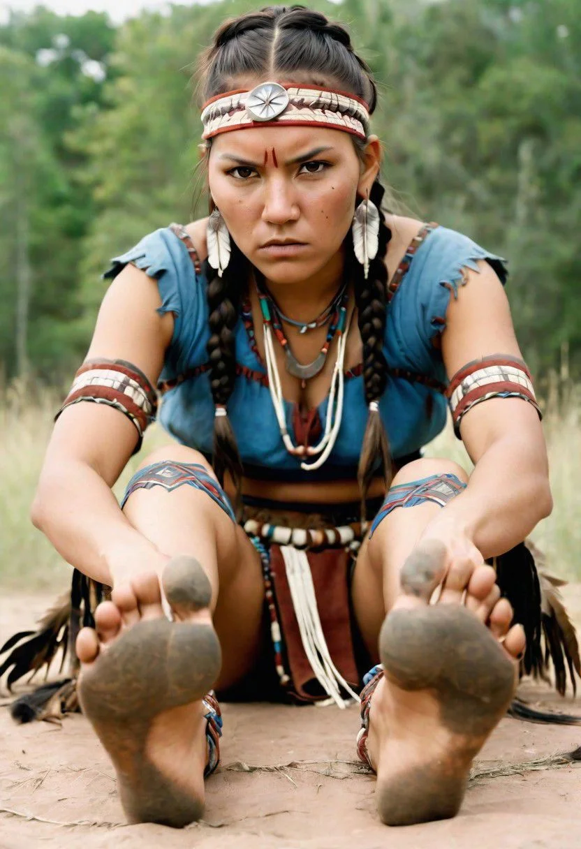 front-bottom-view medium-shot photograph, angry female Native-American warrior, wearing traditional-clothes, 25-YO, (tattoos:0.5), long-thick-braids, outdoors, focus-on-feet, five-toes, barefoot, detailed-soles, XII-century