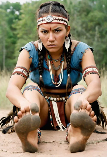 front-bottom-view medium-shot photograph, angry female Native-American warrior, wearing traditional-clothes, 25-YO, (tattoos:0.5), long-thick-braids, outdoors, focus-on-feet, five-toes, barefoot, detailed-soles, XII-century