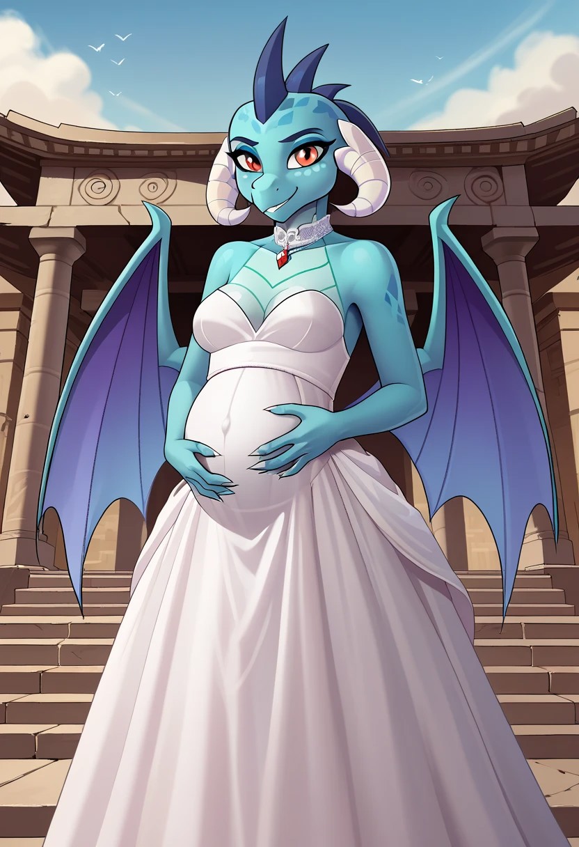 score_9, score_8_up, score_7_up, score_6_up, source_MLP, solo, from front,
Princess Ember, blue scales, red eyes, wedding dress, smiling, pregnant, medium breasts, hands on belly,
Temple background, by drako